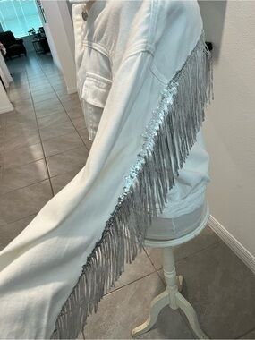 White Cotton Jacket/Top with Silver Fringe by Timing